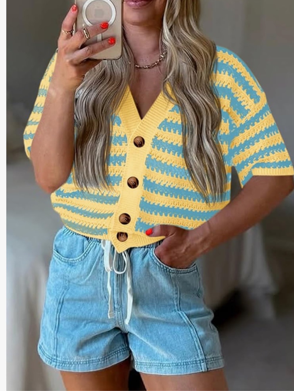 Striped Yellow & Light Blue Button-Up Knit Cardigan